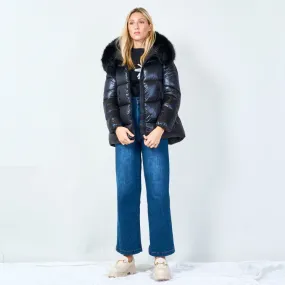 Puffer jacket with faux fur hood wholesale