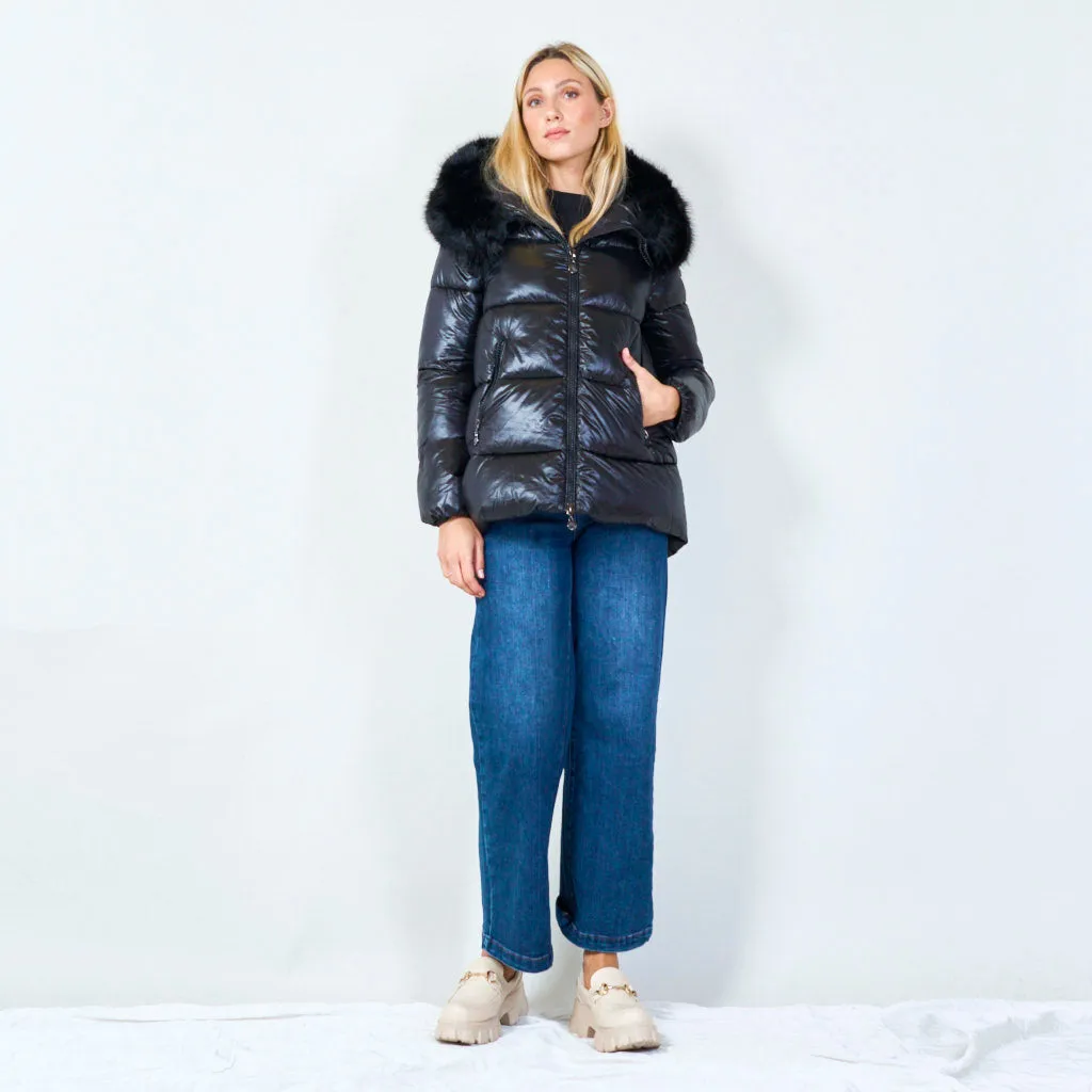 Puffer jacket with faux fur hood wholesale