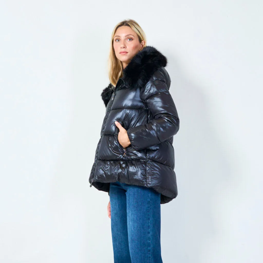 Puffer jacket with faux fur hood wholesale