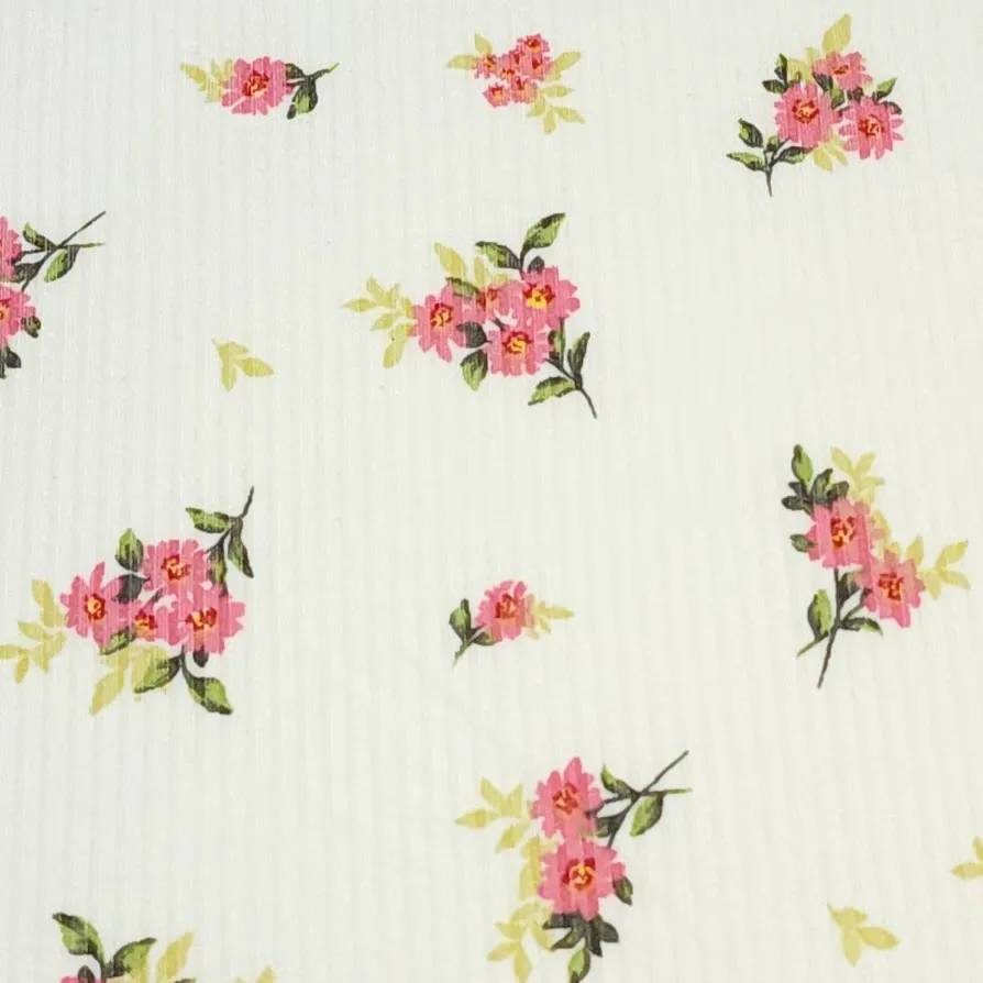 Ribbed Knit Fabric: 4x2 Rib Knit . Cute Ivory with Petite and Pretty Pink Flowers with Green Leaves. 4-Way Stretch, Sold by the 1/2 yard