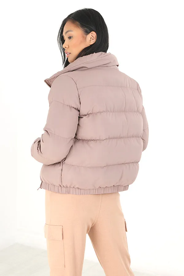 TAUPE HIGH COLLAR SNAP DETAIL PUFFER JACKET