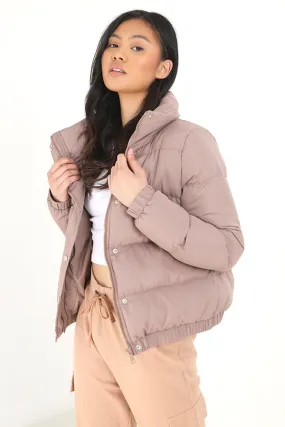 TAUPE HIGH COLLAR SNAP DETAIL PUFFER JACKET